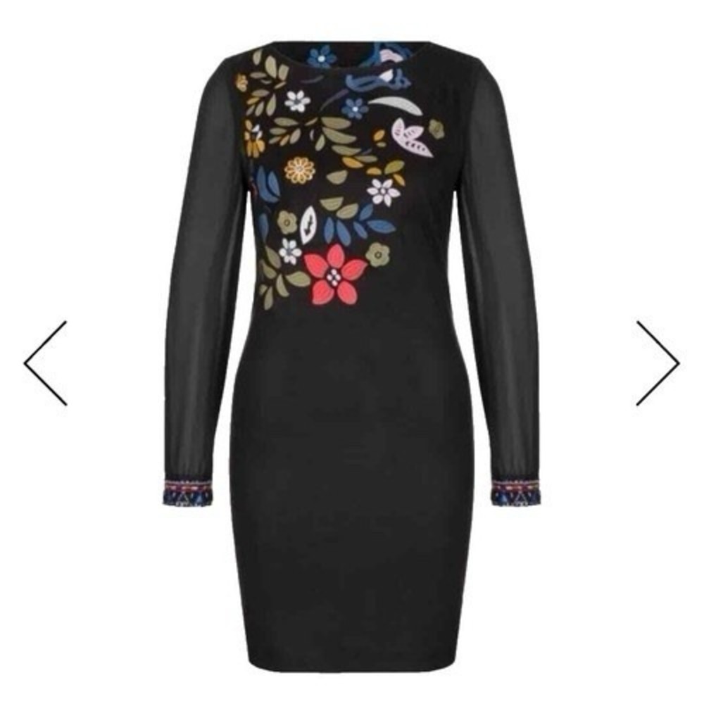 Desigual NWOT Embroidered Floral Statement Dress Art To Wear Sheer Sleeve US 6